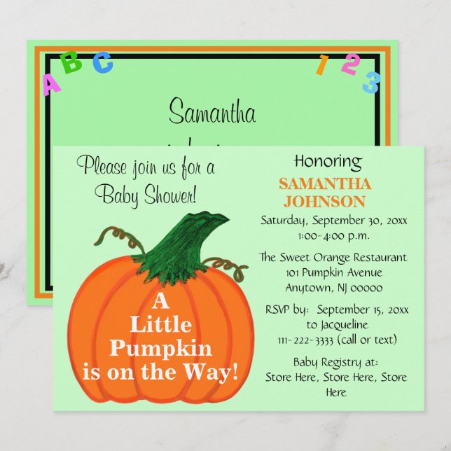 Pumpkin Baby Shower ABC 123 Invitation (Front/Back)