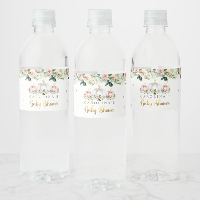 Pumpkin Baby Shower Blush Pink And Gold Water Bottle Label (Bottles)