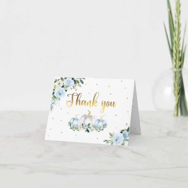 Pumpkin Baby Shower Boy Fall Blue Pumpkin Thank You Card (Front)