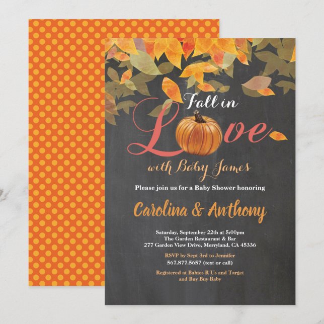 Pumpkin baby shower chalkboard fall in love invitation (Front/Back)
