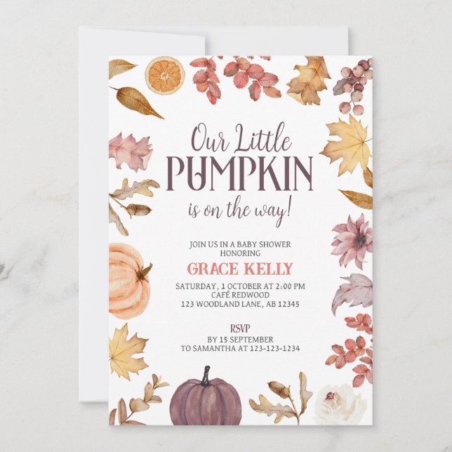 Pumpkin Baby Shower, Fall Baby, Autumn Invitation (Front)