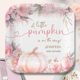 Pumpkin Baby Shower Girl Pink Floral Fall Autumn Paper Plate