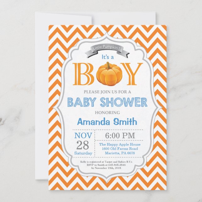 Pumpkin Baby Shower Invitation Fall Autumn Boy (Front)