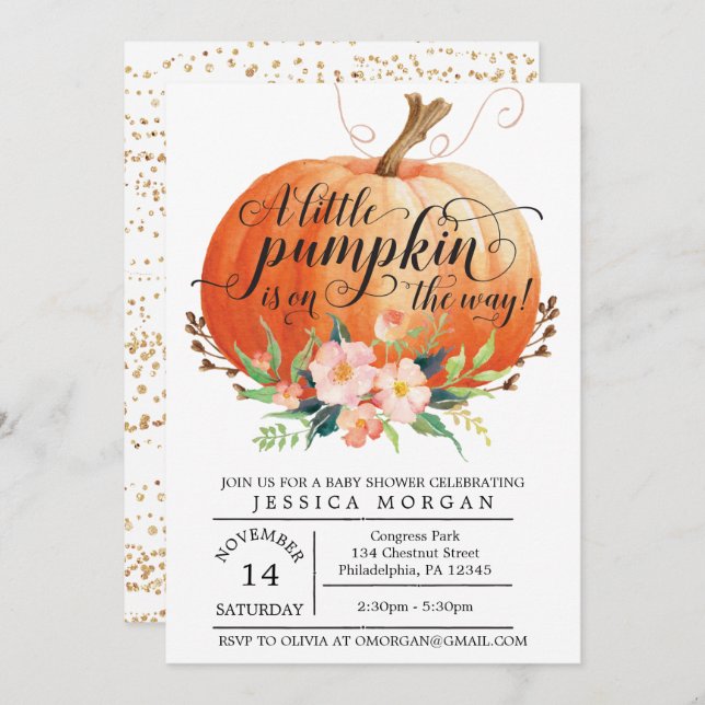 Pumpkin Baby Shower Invitation - Fall Baby Shower (Front/Back)