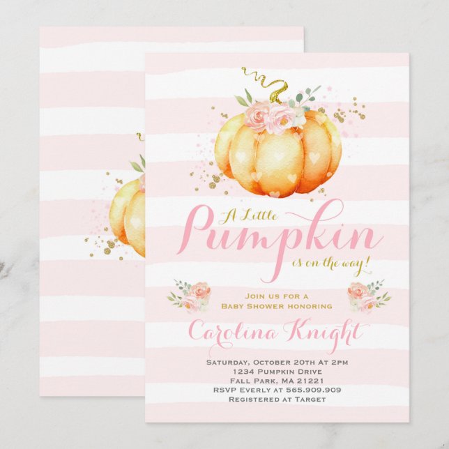 Pumpkin Baby Shower Invitation Pink Gold Pumpkin (Front/Back)
