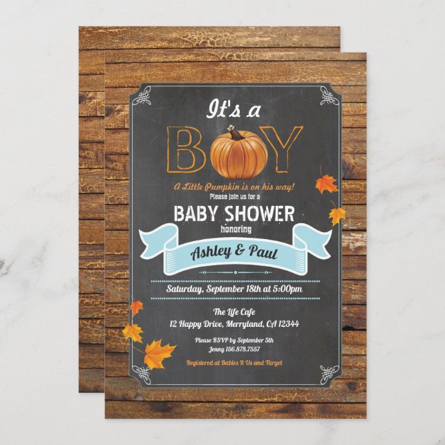 Pumpkin baby shower invitation rustic wood chalk (Front/Back)