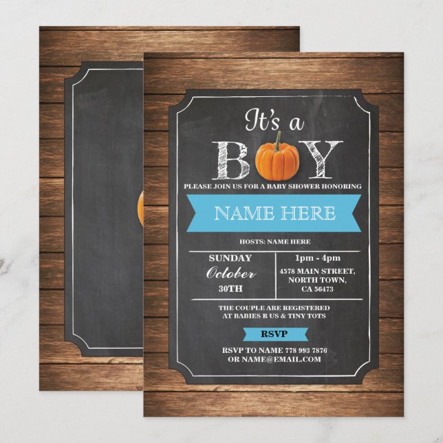 Pumpkin Baby Shower It's a Boy Party blue Invite (Front/Back)