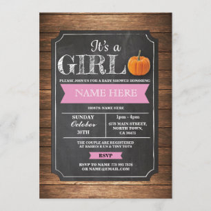 Pumpkin Baby Shower It's a Girl Party Pink Invite