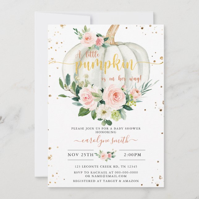 Pumpkin Baby Shower, Pink Gold Elegant Invitation (Front)