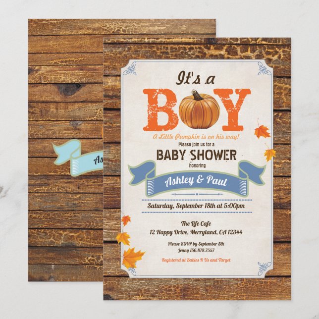 Pumpkin baby shower rustic invitation retro wood (Front/Back)