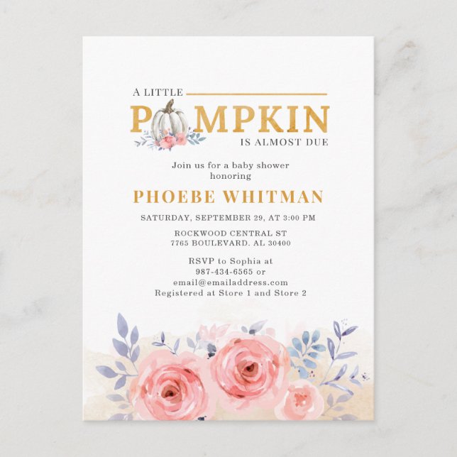 Pumpkin Baby Shower Watercolor Pink Roses Invitation Postcard (Front)