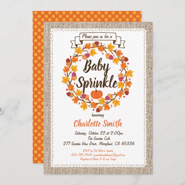 Pumpkin baby sprinkle invitation burlap wreath (Front/Back)