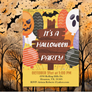 Pumpkin Balloons It's A Halloween Party  Invitation
