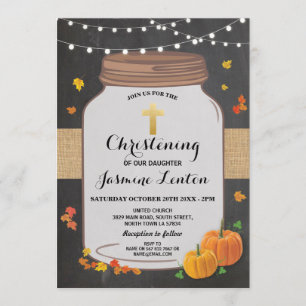 Pumpkin Baptism Cross Fall Christening Wood Jar Invitation