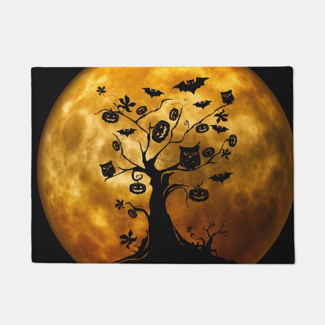 Pumpkin, Bat, Owl, and Orange Moon Doormat (Front)