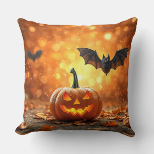 🎃🧡 Pumpkin Bat Spooky Cozy Halloween Night Vibes Throw Pillow