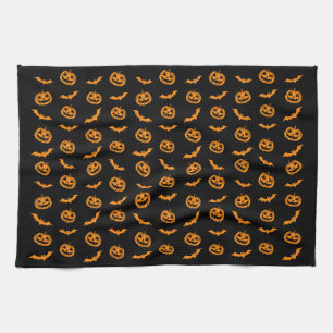 Pumpkin Bat Trick or Treat Black Kitchen Towel