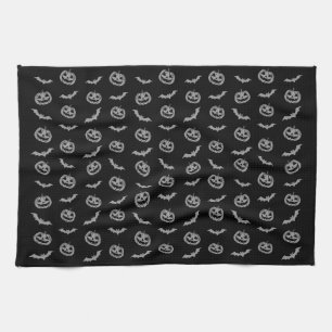 Pumpkin Bat Trick or Treat Black & White Kitchen Towel