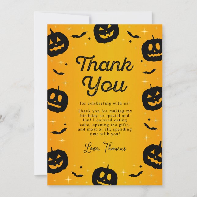Pumpkin Bats Halloween Birthday Thank You Card (Front)