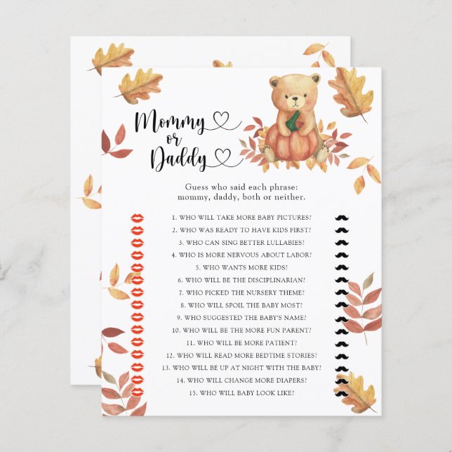 Pumpkin bear - mommy or daddy baby shower game (Front/Back)