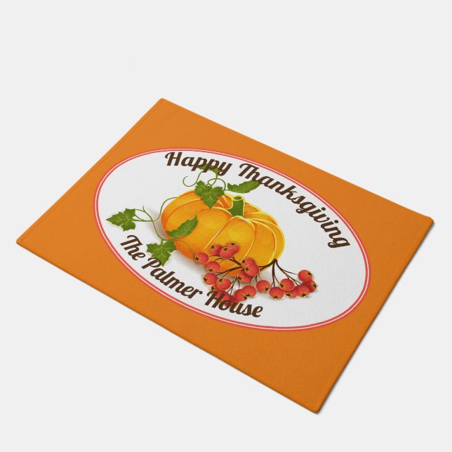 Pumpkin berries orange fall Happy Thanksgiving Doormat (Angled)