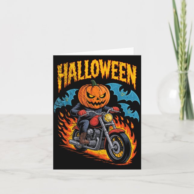 Pumpkin Biker Riding A Motorcycle Halloween Costum Card (Front)