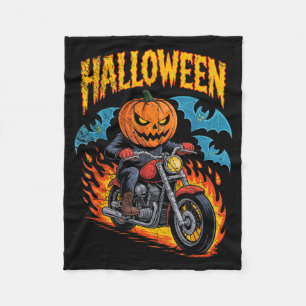 Pumpkin Biker Riding A Motorcycle Halloween Costum Fleece Blanket