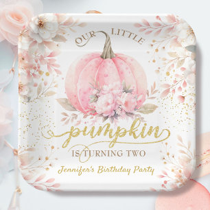 Pumpkin Birthday Girl Pink Gold Elegant Fall Paper Plate