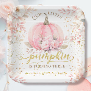 Pumpkin Birthday Girl Pink Gold Floral Autumn Paper Plate