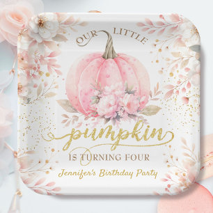 Pumpkin Birthday Girl Pink Gold Floral Autumn Paper Plate