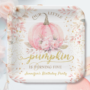 Pumpkin Birthday Girl Pink Gold Floral Autumn Paper Plate