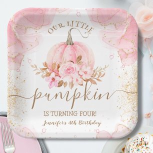 Pumpkin Birthday Girl Pink Gold Floral Paper Plate