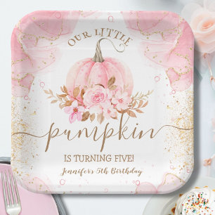 Pumpkin Birthday Girl Pink Gold Floral Paper Plate