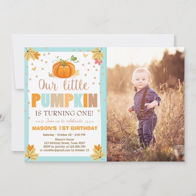 Pumpkin Birthday invitation Boy Birthday Fall blue (Front)