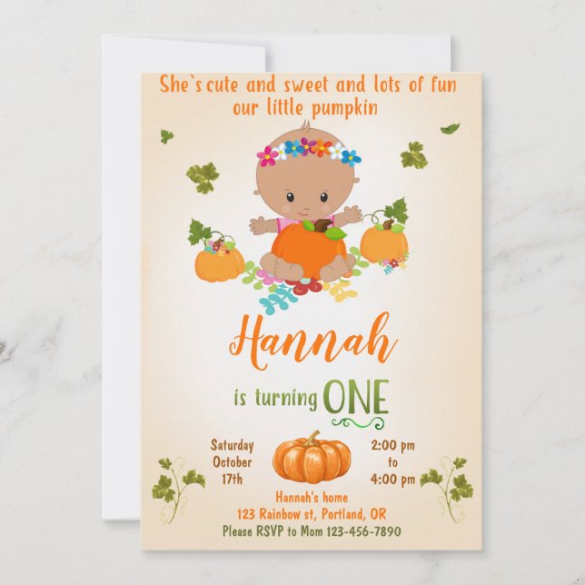 Pumpkin birthday invitation Fall invitation girl (Front)