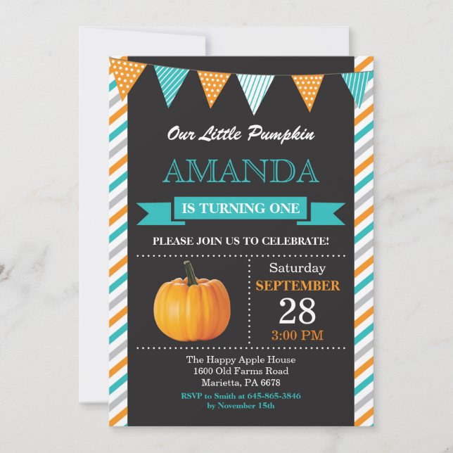 Pumpkin Birthday Invitation Orange Aqua Turquoise (Front)