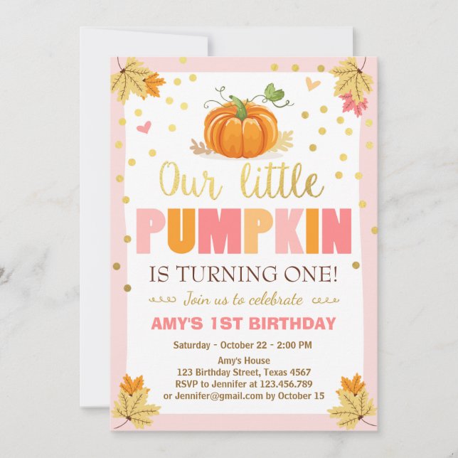 Pumpkin Birthday invitation Pink First Birthday (Front)