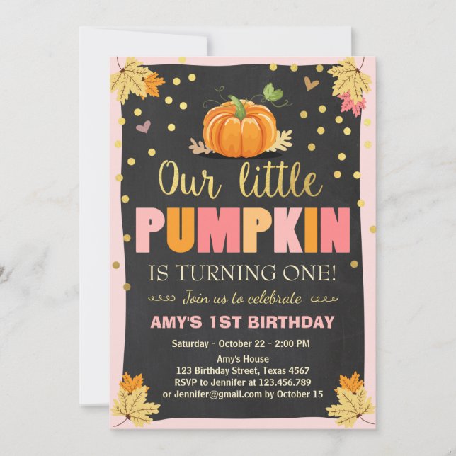 Pumpkin Birthday invitation Pink First Birthday (Front)