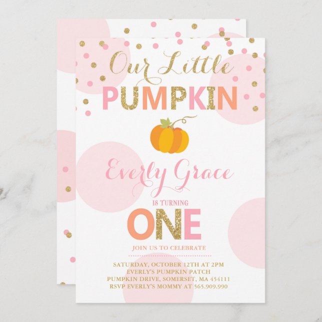 Pumpkin Birthday Invitation Pink Gold Pumpkin (Front/Back)