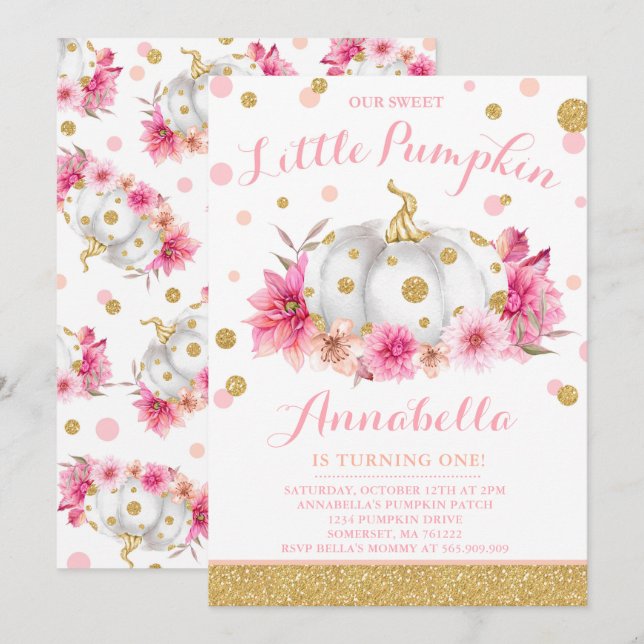 Pumpkin Birthday Invitation Pink Gold Pumpkin (Front/Back)