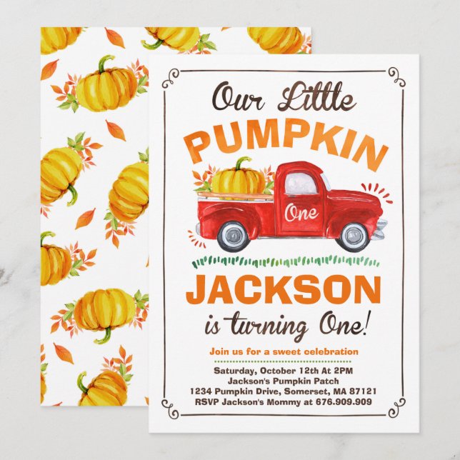 Pumpkin Birthday Invitation Pumpkin Truck Party (Front/Back)