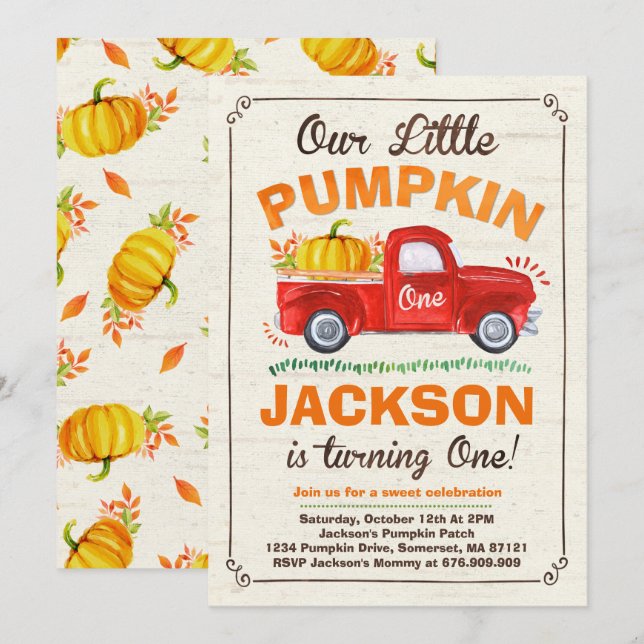 Pumpkin Birthday Invitation Pumpkin Truck Party (Front/Back)