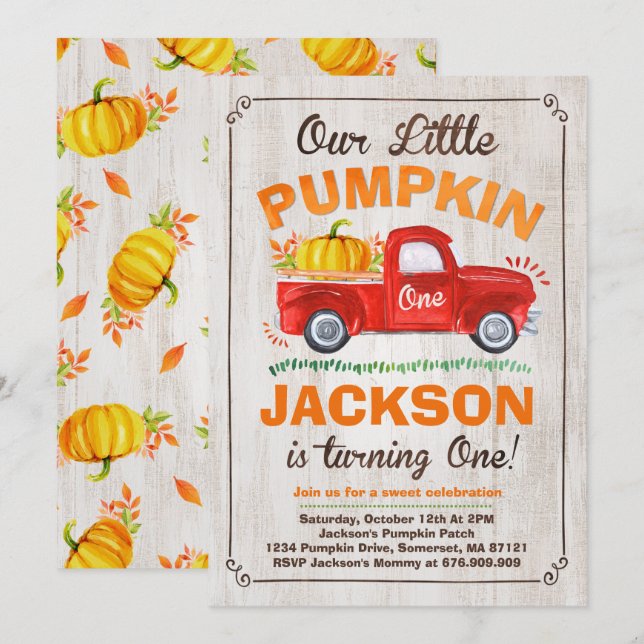 Pumpkin Birthday Invitation Pumpkin Truck Party (Front/Back)