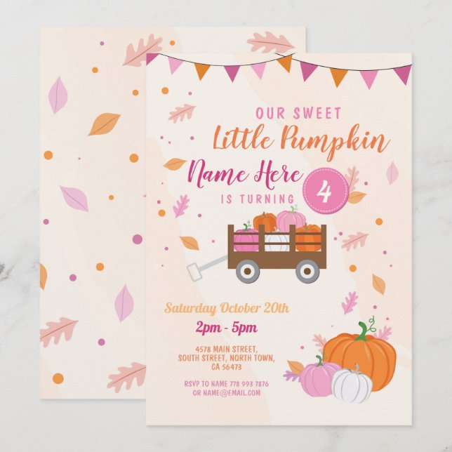 Pumpkin Birthday Invite Fall Pink Girl Trailer (Front/Back)