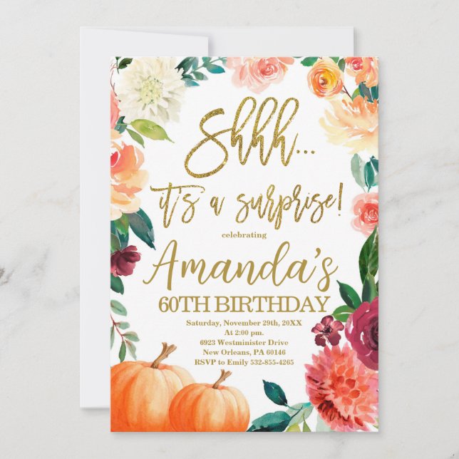 Pumpkin Birthday,Shhh it's a Surprise Autumn Party Invitation (Front)