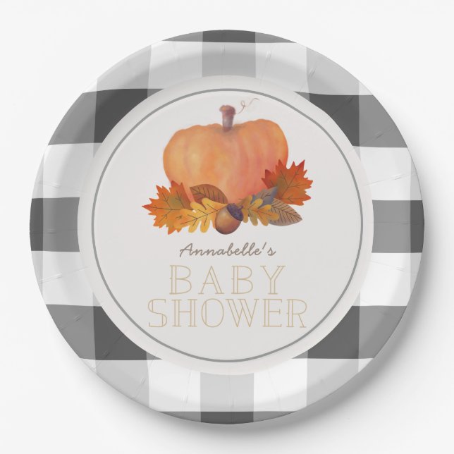 Pumpkin Black Buffalo Checks Baby Shower Paper Plate (Front)