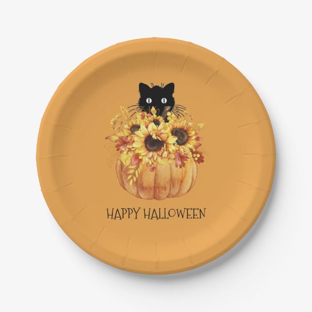 Pumpkin Black Cat Halloween Orange Paper Plate (Front)