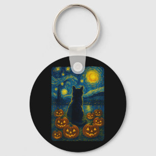 Pumpkin Black Cat Halloween Van Gogh Starry Night Keychain