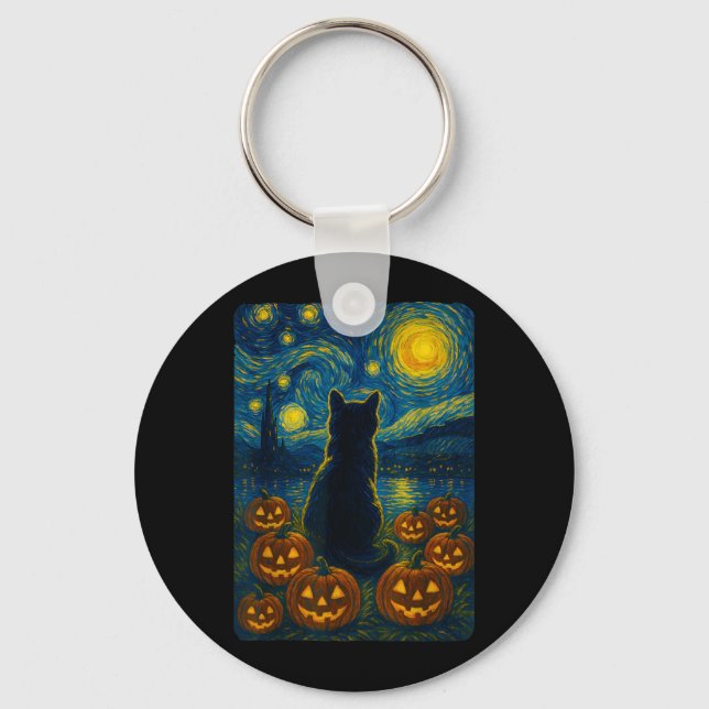 Pumpkin Black Cat Halloween Van Gogh Starry Night Keychain (Front)