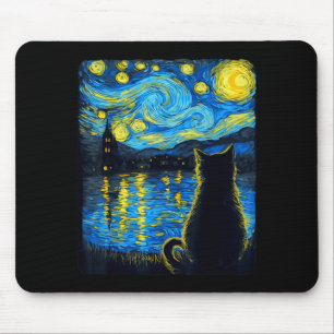 Pumpkin Black Cat Halloween Van Gogh Starry Night Mouse Pad